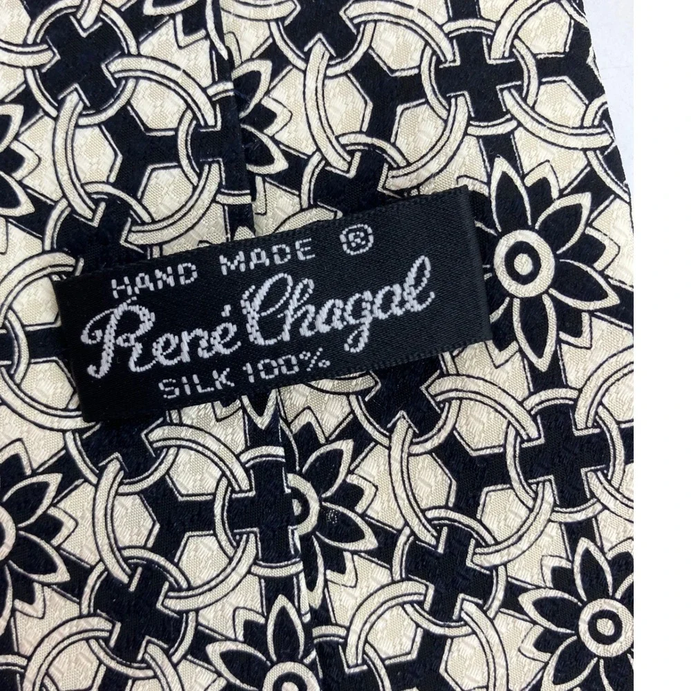 René Chagal Silk Tie Mens OS Black Cream Geometric Floral Hand Made 58